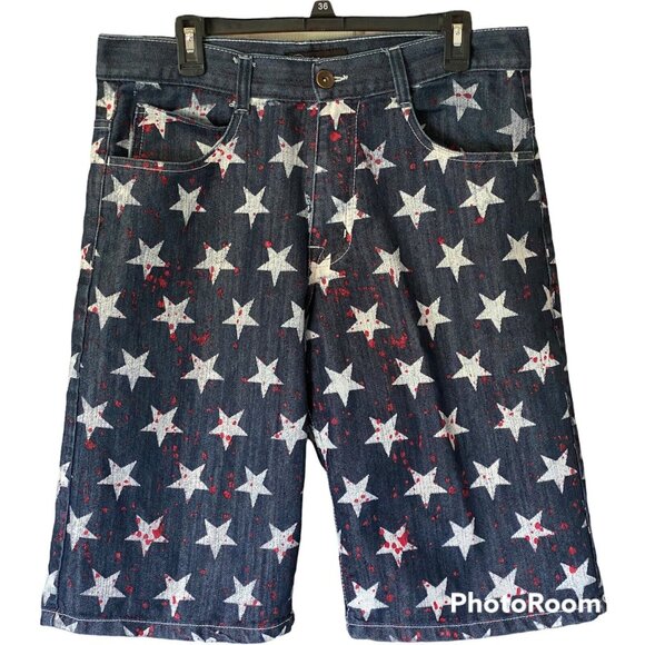 King Maker Custom Men's Jean Shorts 36x13 Straight Fit Dark Wash White Stars Red - Picture 9 of 15